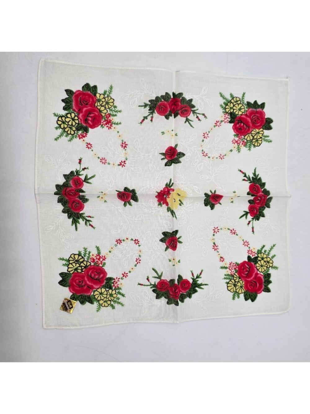 Vintage Embroidered Linen Handkerchief With Red Rose Floral Design